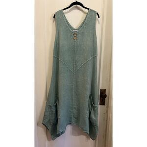 MADE IN ITALY Blue Linen Sleeveless Midi Pocket Dress  Women's Size Large